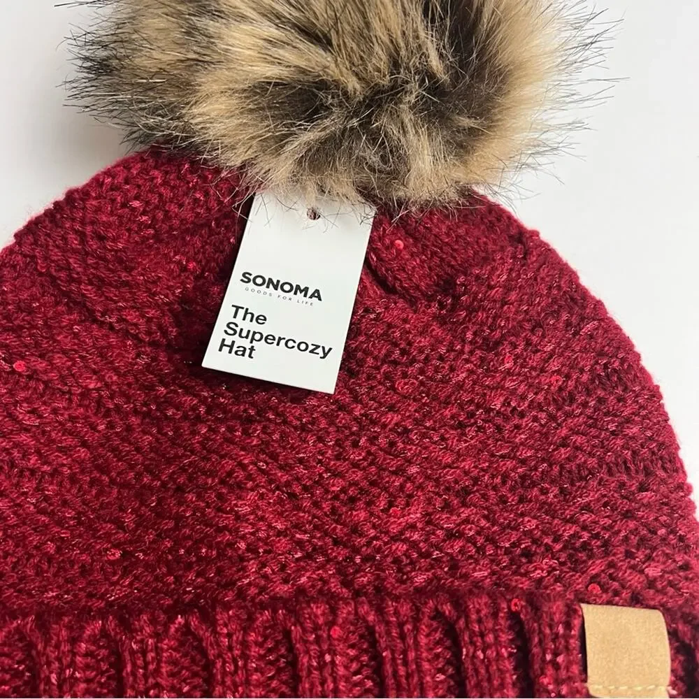 Sonoma Women's Red Supercozy Winter Beanie Pompom Hat
